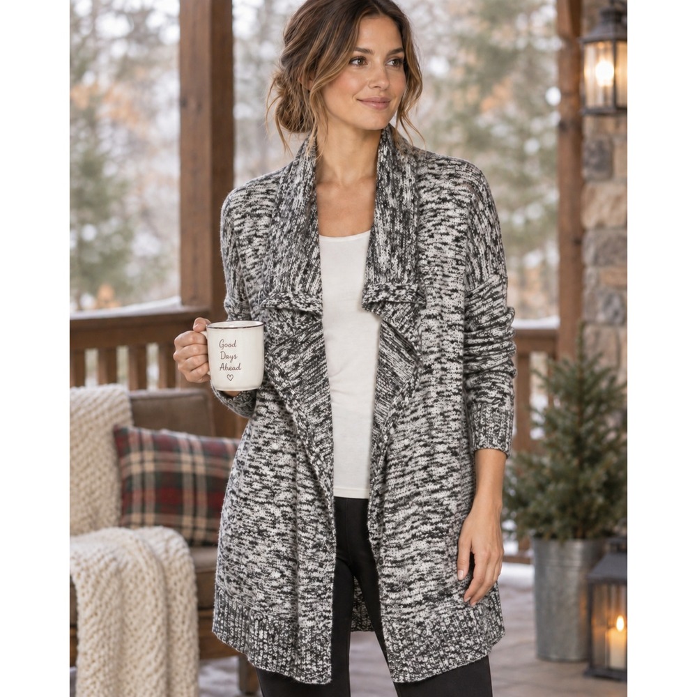 Eileen Fisher Knit Open Front Long Drape Cardigan Sweater Black Marled Large - Picture 12 of 13